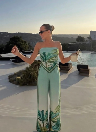 Ensemble Femme Haut Bandeau Dos Nu & Pantalon Fluide Tropical