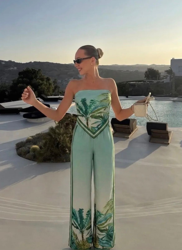 Ensemble 2 Pièces Femme Haut Bandeau Dos Nu & Pantalon Fluide Imprimé Tropical Vert