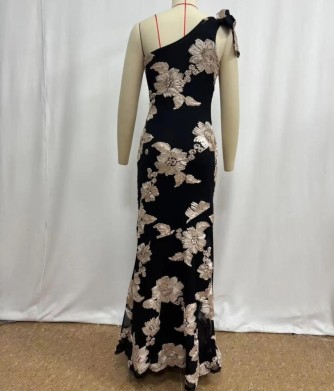 Robe longue asymétrique noire à fleurs | Robe de soirée élégante – C pour Elle