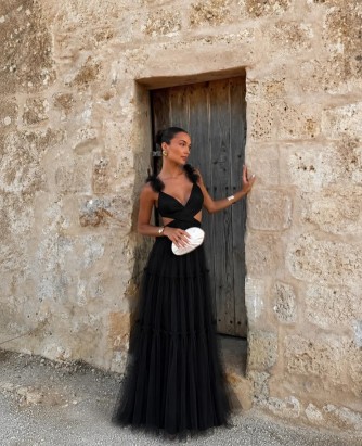 Robe longue noire en tulle dos nu | Robe de cérémonie élégante – C pour Elle