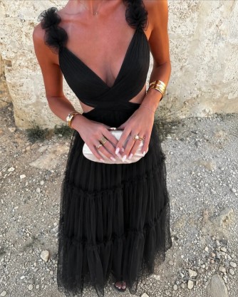 Robe longue noire en tulle dos nu | Robe de cérémonie élégante – C pour Elle