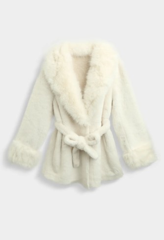 Manteau fausse fourrure écru ceinturé | Manteau femme élégant – C pour Elle