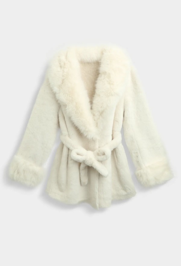 Manteau fausse fourrure écru ceinturé