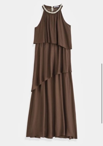 Robe longue chocolat fluide à col perlé | Robe de cérémonie élégante – C pour Elle