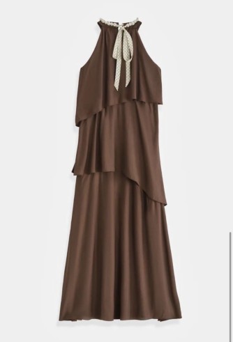 Robe longue chocolat fluide à col perlé | Robe de cérémonie élégante – C pour Elle