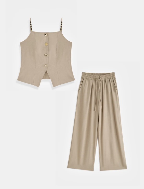 Ensemble beige gilet & pantalon fluide