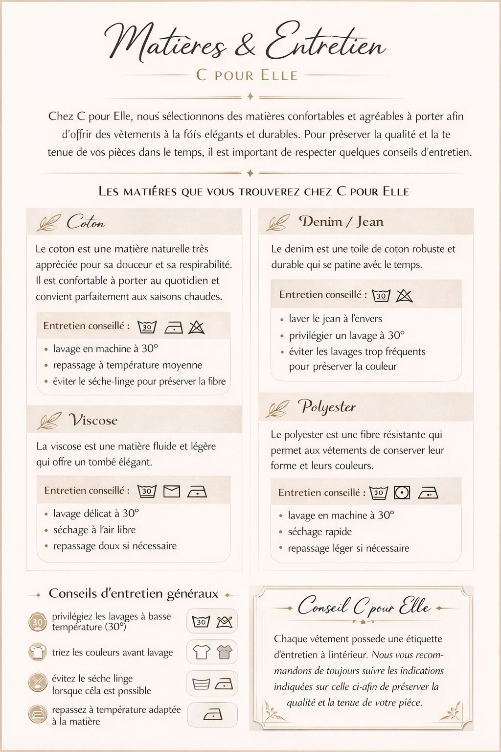 Matières et entretien vêtements femme C pour Elle